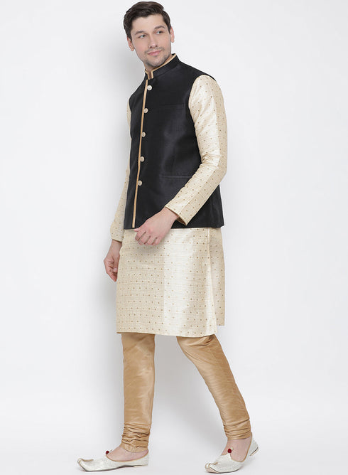 VASTRAMAY Men's Gold Cotton Silk Blend Kurta, Ethnic Jacket and Pyjama Set